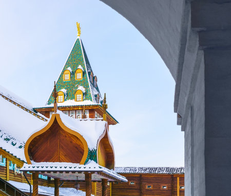 MOSCOW, RUSSIA - FEBRUARY 14, 2018: Kolomenskoye Museum Estate. Fragment of wooden Royal Palace. Sunny winter dayのeditorial素材