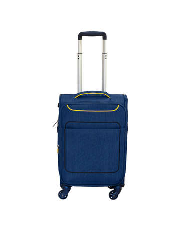 Compact blue suitcase on wheels with telescopic handle. Isolated on white backgroundの写真素材