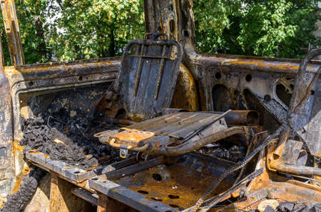 Fragment of interior burnt car after conflagration. Emergency. Insurance eventの写真素材