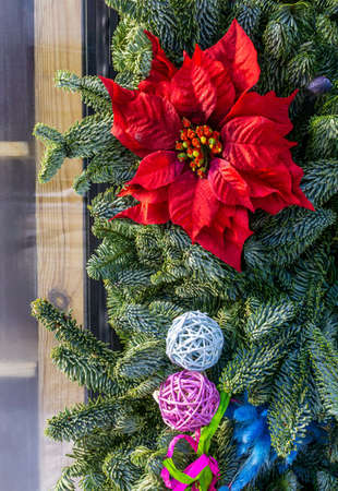 Christmas balls and red flower are on spruce branches dusted with snow. Festive backgroundの写真素材