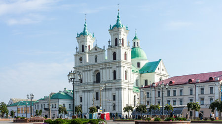 GRODNO, BELARUS - SEPTEMBER 27, 2011: Roman catholic Cathedral of St. Francis Xavier on Main Square of Grodno. Sunny dayのeditorial素材