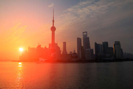 Shanghai Lujiazui city dawn rosy clouds in the far East  skyline