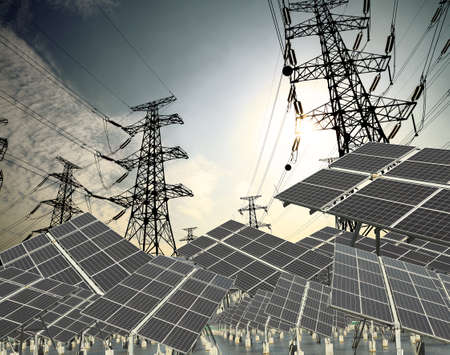 Power plant using renewable solar energy with sun and Power transmission tower