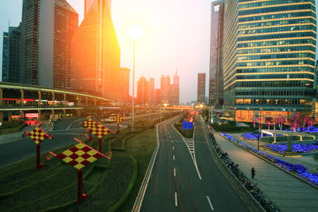 The century avenue of  street scene at night in shanghai Lujiazui,Chinaの写真素材