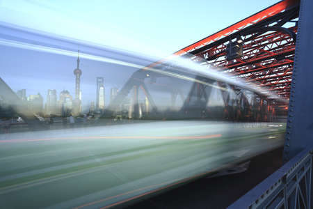 Long exposure photo of Shanghai bund Garden bridge roadの写真素材