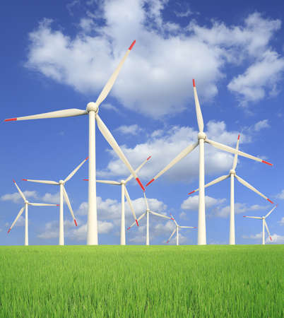 Environmentally friendly power generation wind turbines in the rice  farmsの写真素材