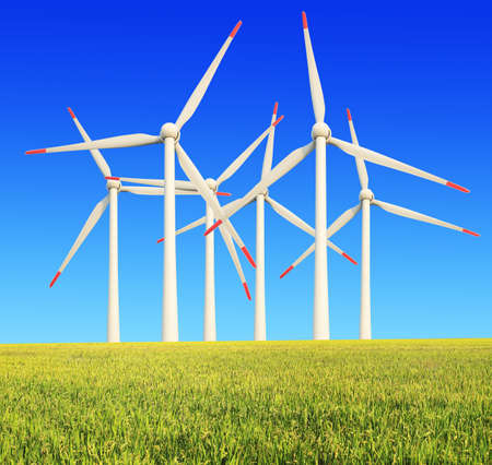 Environmentally friendly power generation wind turbines in the rice  farmsの写真素材