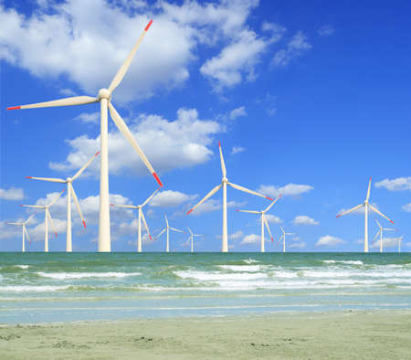 Eco power, wind turbines in the seaの写真素材