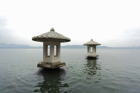 Ancient building  next to West Lake in Hangzhou Chinaの写真素材