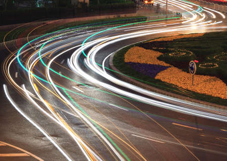 Rainbow light highway at cityscape night in Shanghaiの写真素材