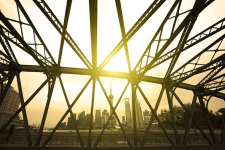 Shanghai old garden bridge and lujiazui modern architecture cityscape skylineの写真素材