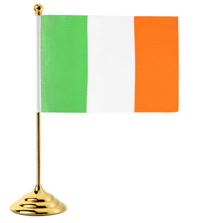 Flag of Ireland hanging on the gold flagpole,Isolated on the white backgroundの写真素材