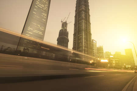 Shanghai city landmark background night view of trafficの写真素材