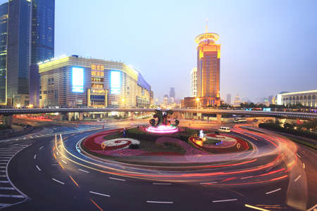 Rainbow Highway at night with light trails in shanghai Pudong Chinaの写真素材