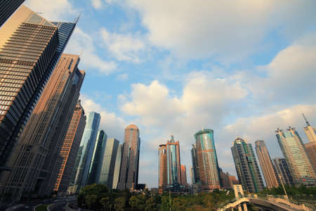 Looked up at the Shanghai Lujiazui urban buildings landscapeの写真素材