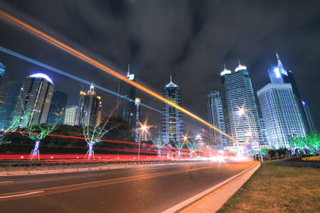 Rainbow light trails on the highway in Shanghai Pudong Chinaの写真素材