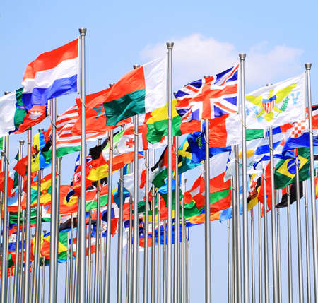 UK  British Commonwealth and world national flags is flyingの写真素材