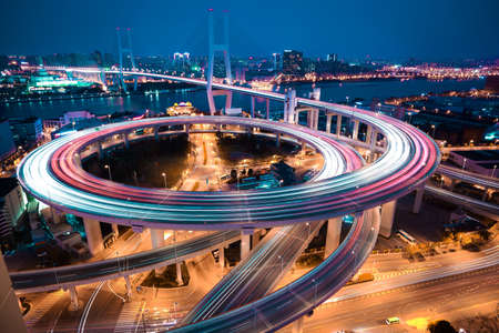 Asia's largest across the rivers in Shanghai landmarks a spiral bridge at nightの写真素材