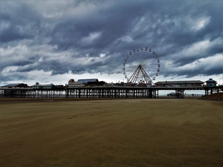 A view along the beach toward some of the iconic landmarks of the popular holiday resort town of Blackpoolのeditorial素材