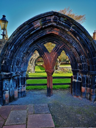 A view of the architectural detail of the ruins of an old priory near the Cathedral in Carlisle,...