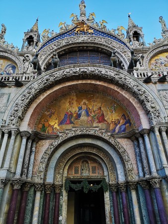 An exterior view of the architecture and landmarks of the Italian city of Venice.