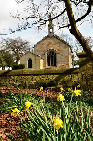 An external view of the remote rural parish church building in Dunino, Fife.