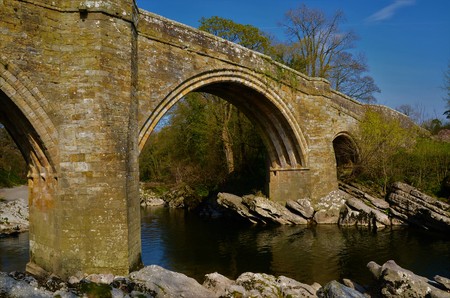 A view of the Devils bridge and River Lune in Kirkby Lonsdale in Cumbriaの写真素材