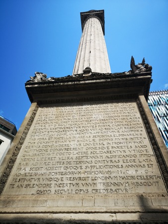 A view of a memorial column dedicated to the Great Fire in the City of London