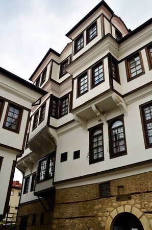 An exterior view of a traditional style house, now a museum in the lakeside town of Ohrid in North Macedoniaのeditorial素材
