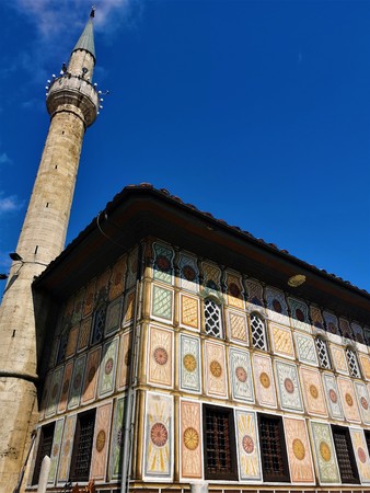 An exterior view of the painted mosque in the town of Tetovo in North Macedoniaのeditorial素材