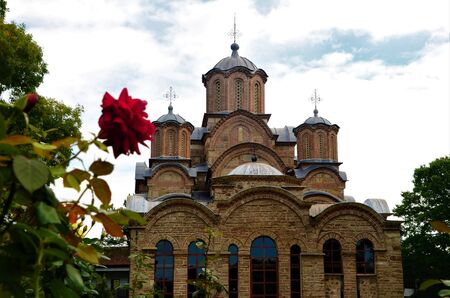 An external view of the arches, domes and crosses of the Gracanica monastery near Prishtina in Kosovo.の写真素材