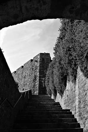 A view of the architectural detail of the impressive hilltop castle above Gorey village on the Channel island of Jerseyのeditorial素材