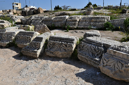 A view of the architectural ruins of the historic Roman city of Jerash in the Middle Eastern country of Jordan.の写真素材