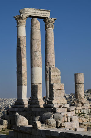 A view of the ruins of the old medieval citadel on a hilltop in the city of Amman in Jordan.