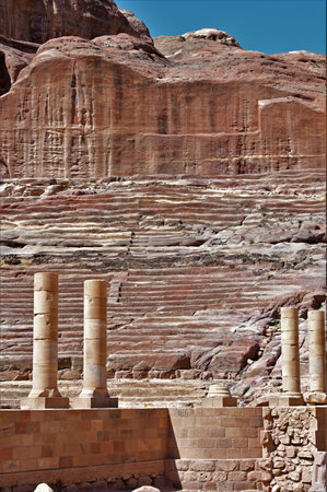 A view of the ancient amphitheatre in the Nabatean city of Petra in Jordan.の写真素材