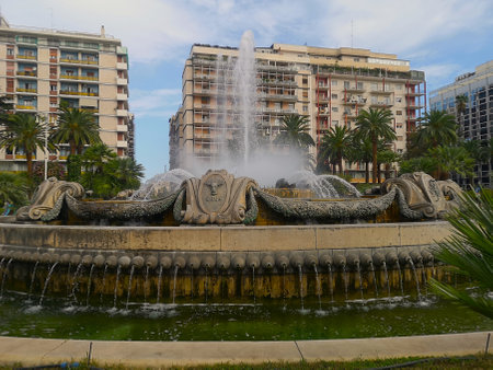 A view of a stunning and elaborate water feature and fountain in the city of Bari in Italy.の写真素材