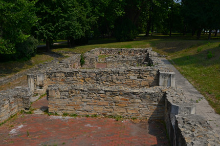 A view of the ruins of a medieval convent and Royal Mansion on Margaret Island in the city of Budapest in Hungary.の写真素材