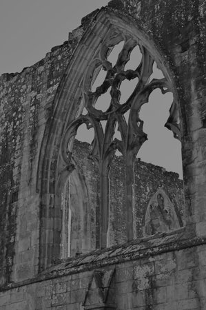 An exterior view of the ruined Easby abbey church building in the Richmond area of Yorkshire in...