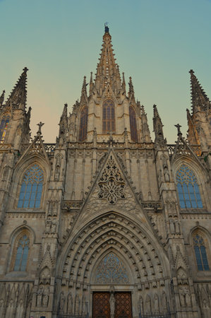 An exterior view of the architectural detail of a religious building in the city of Barcelona in Spainの写真素材