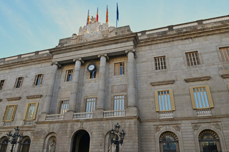 An exterior view of the architectural detail of a government building in the city of Barcelona in Spain.の写真素材