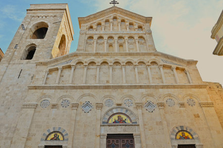 An exterior view of the architectural detail on a religious building in the city of Cagliari on Sardinia in Italy.の写真素材