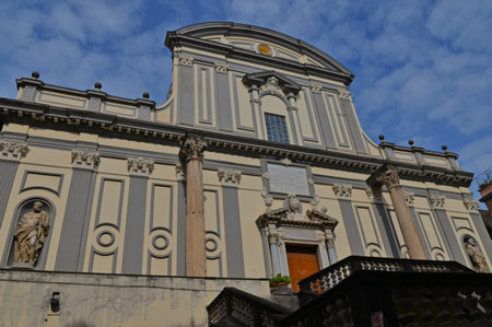 An exterior view of the faÃ§ade of a religious church cathedral building in the Italian city of Naples.の写真素材