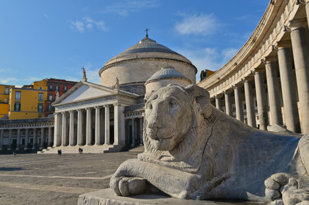 An exterior view of an impressive Basilica, lined with columns in the Italian city of Naples.の写真素材