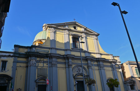 An exterior view of the faÃ§ade of a religious church cathedral building in the Italian city of Naples.の写真素材