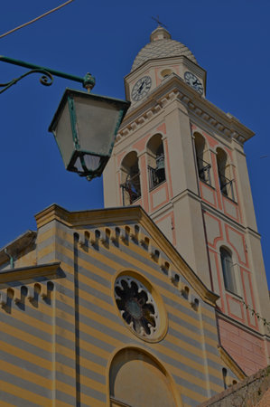 An exterior view of a church building in the quaint coastal town of Portofino in Italy.の写真素材