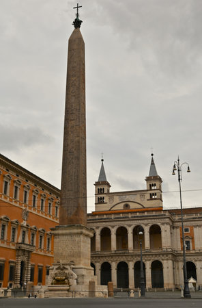 An exterior view of the architectural detail of a religious church building in the city of Rome in Italyの写真素材