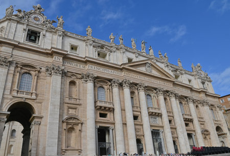 An exterior view of the architectural detail of a religious church building in the city of Rome in Italyの写真素材