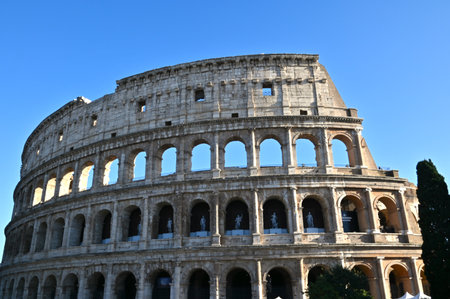An exterior view of the ancient Roman Coliseum in the city of Rome in Italy.の写真素材
