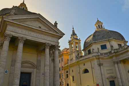 An exterior view of the architectural detail of a religious church building in the city or Rome in Italyの写真素材