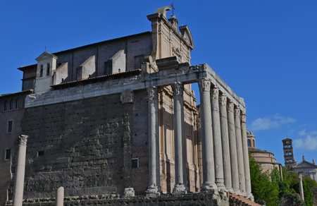 A view of the historic Roman ruins of structures and buildings in the city of Rome in Italy.の写真素材